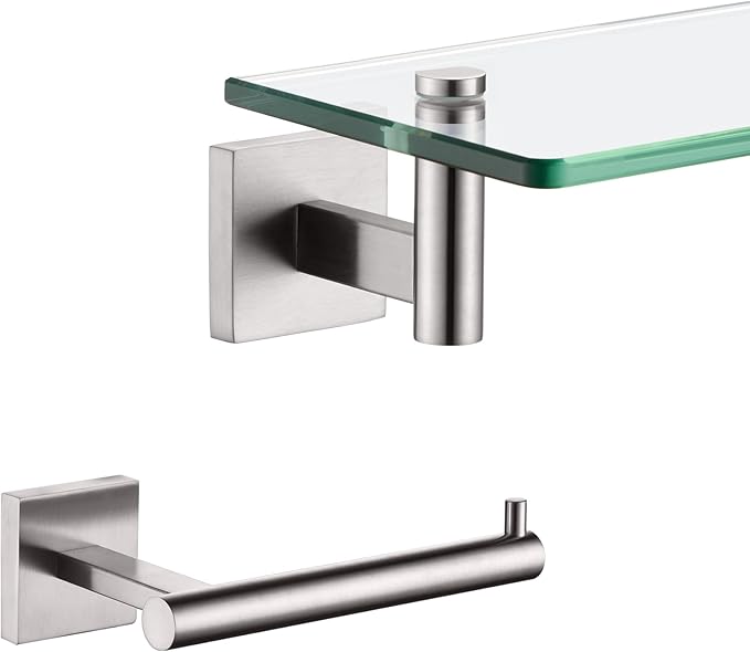 KOKOSIRI 20-Inch Bathroom Shelves Glass Floating Shelf Toilet Roll Holder Toilet Paper Holder Stainless Steel Brushed Nickel B1105BR-L20+B2005BR