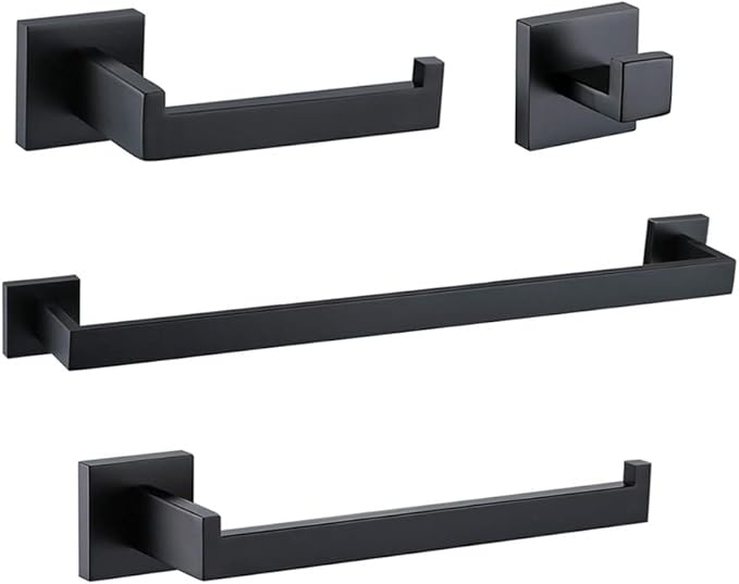TURS 4-Piece Bathroom Hardware Set Black Towel Bar Set Stainless Steel Towel Bar Hand Towel Holder Toilet Paper Holder Towel Hooks Wall Mount