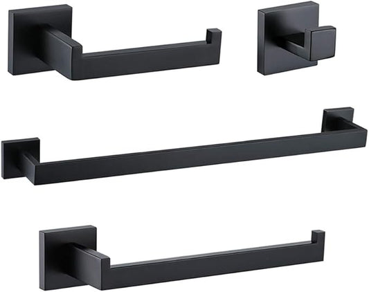 TURS 4-Piece Bathroom Hardware Set Black Towel Bar Set Stainless Steel Towel Bar Hand Towel Holder Toilet Paper Holder Towel Hooks Wall Mount