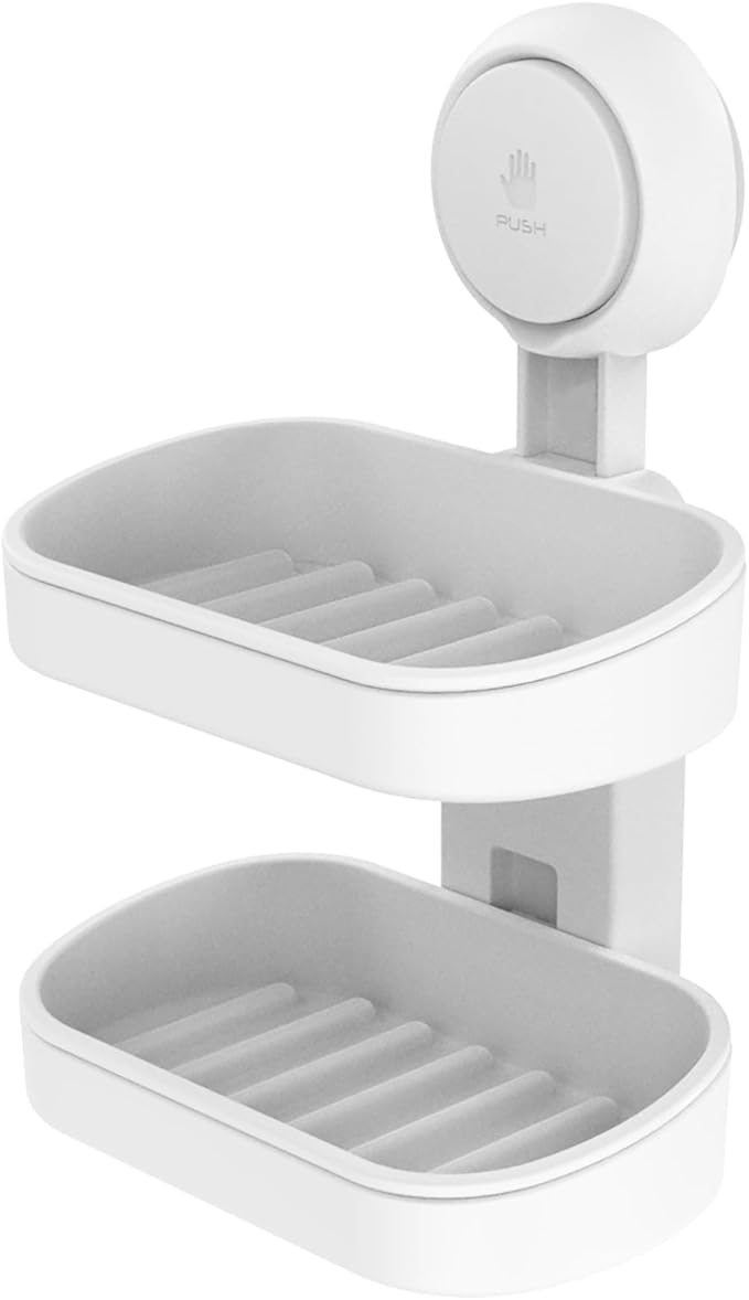 TAILI Soap Holder Soap Dish for Shower, Suction Cup Soap Holder for Shower Wall, Bathroom Accessories, Removable Strong Hold Soap Saver, Drill Free Double Soap Dish, White 2 Layer