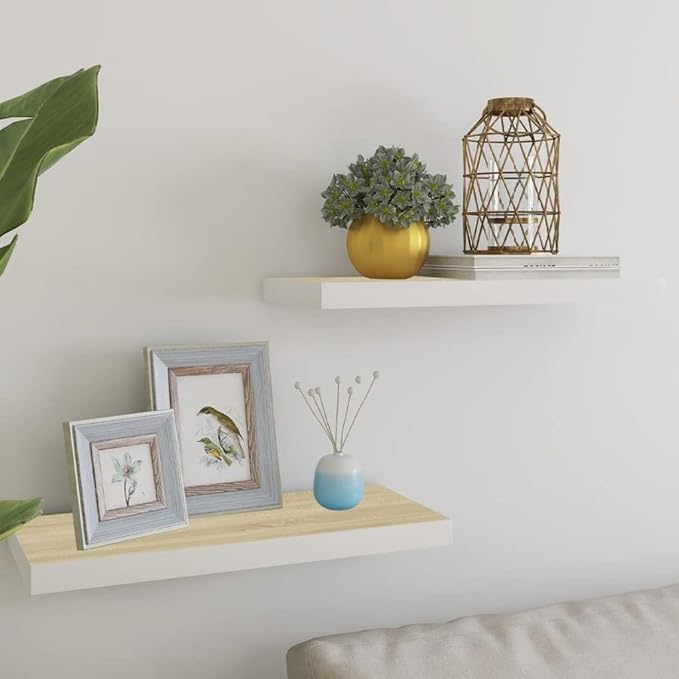 Floating Wall Shelves 2 Pack Oak White 23.6x9.3x1.5 Inches Invisible Mounting Display Rack for Living Room Bedroom Office Decor Storage