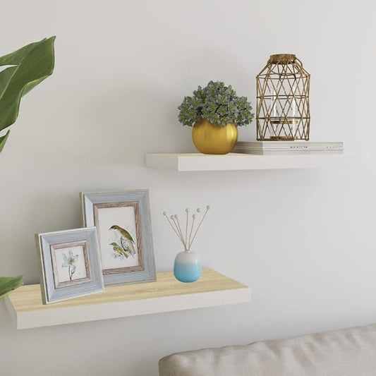 Floating Wall Shelves 2 Pack Oak White 23.6x9.3x1.5 Inches Invisible Mounting Display Rack for Living Room Bedroom Office Decor Storage