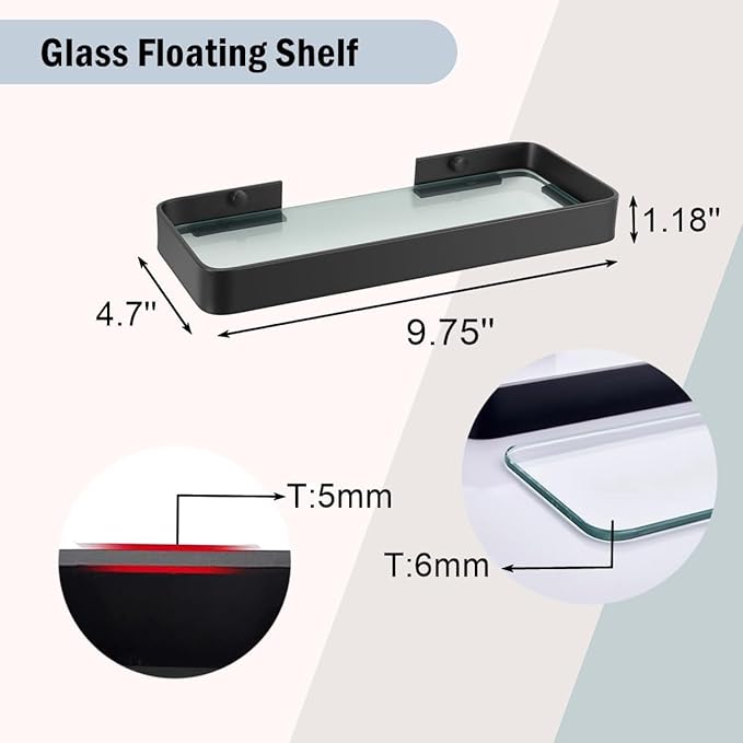 Z metnal Small Glass Bathroom Shelves, Matte Black Floating Shelf, Mini Wall Shelf Organizer, Wall Mounted (Clear Glass, 10 inch/25cm), 1 pcs