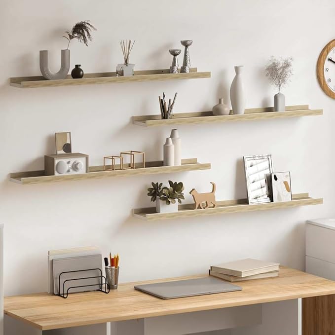 Wall Shelves Set of 4, Floating for Wall Decor, White and Sonoma Oak Wood Look, 31.5 Inch Long for Living Room Bedroom, Easy Install Modern Storage Shelves for Books Plants Decor