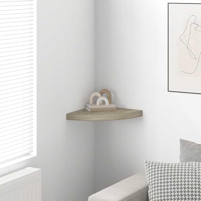 Floating Corner Shelf for Wall, Oak Finish Honeycomb MDF, 13.8x13.8 Inches, Invisible Mounting, Decorative Display Shelf for Books, Plants, Photos, Bathroom, Living Room Decor
