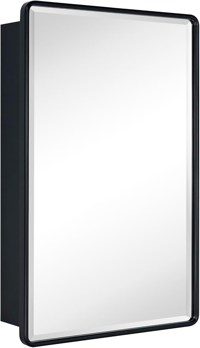 TEHOME Surface Mount 20x30'' Black Bathroom Medicine Cabinet with Mirror Matt Black Metal Framed Rounded Rectangle Medicine Cabinet with Beveled Mirror 4 Adjustable Glass Shelves