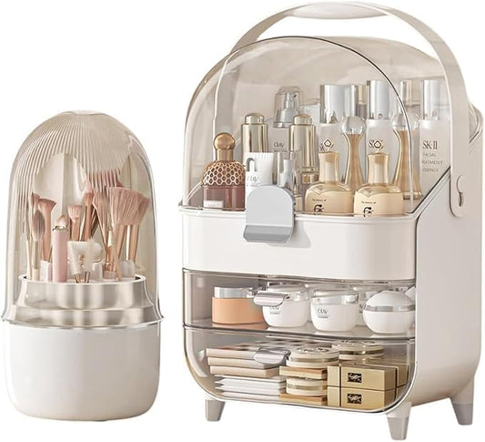 Makeup Organizer Countertop, Makeup Brush Holder with Lid & Drawers, Bathroom Vanity Organizer and Storage, Make Up Organizer for Vanity, Skincare Organizer Gifts for Girls, Wife, Mom