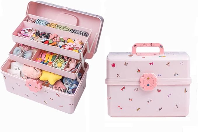 Cute Hair Accessories Organizer for Baby Girls 3-Layers Pink Plastic Hairpin Hairline Headband Storage Box Portable Lockable Hair Jewelry Container