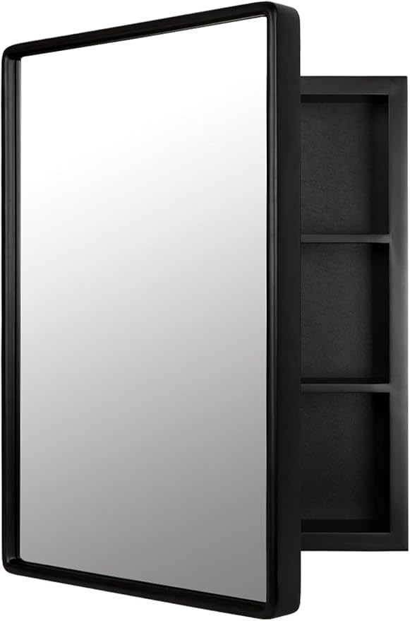 22”x28” Recessed Wood Medicine Cabinet with Mirror for Bathroom – Wall-Mounted Wooden Bathroom Cabinet with Adjustable Storage Shelf (Black, 22“x28)