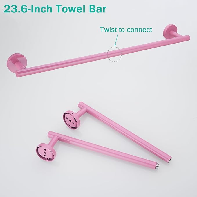 Pink Bathroom Accessories Set,5 Pieces Bathroom Hardware Set,24 inch Towel Bar,Towel Ring for Bathroom,Robe Towel Hooks,Toilet Paper Holder Wall Mounted(Drilling),SE96006S-5PK