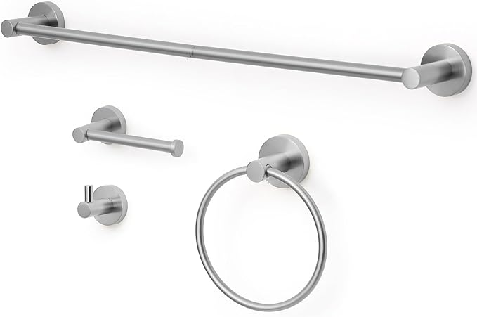 Bathroom Hardware Set 4 Piece – 24 Inch Towel Bar Set,Rustproof Stainless Steel Bathroom Accessories Kit with Towel Ring, Toilet Paper Holder & Robe Hook, Wall Mounted Bathroom Fixtures Set