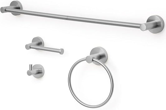 Bathroom Hardware Set 4 Piece – 24 Inch Towel Bar Set,Rustproof Stainless Steel Bathroom Accessories Kit with Towel Ring, Toilet Paper Holder & Robe Hook, Wall Mounted Bathroom Fixtures Set