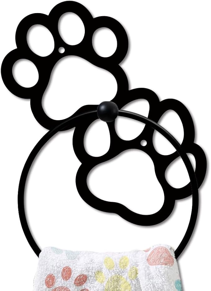MAYJOYDIY Paw Print Metal Towel Ring Cute Cat Paw Print Towel Holder Dog Claw Pattern Towel Ring Black Art Towel Rack Wall Mounted for Bathroom Kitchen Towel Hanger Home Decors Gift