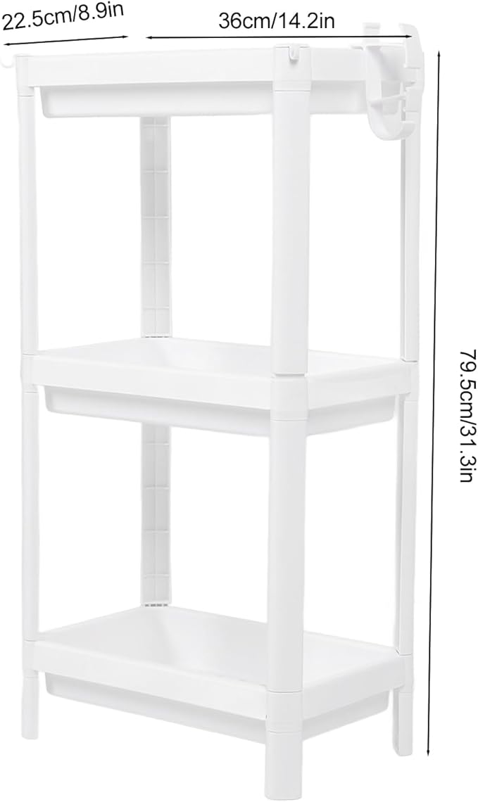 Narrow Freestanding Bathroom Shelf, Space Saving Storage Rack White Laundry Shelf for Bathroom Laundry Room Kitchen Bedroom Compact Areas (3 Tier)