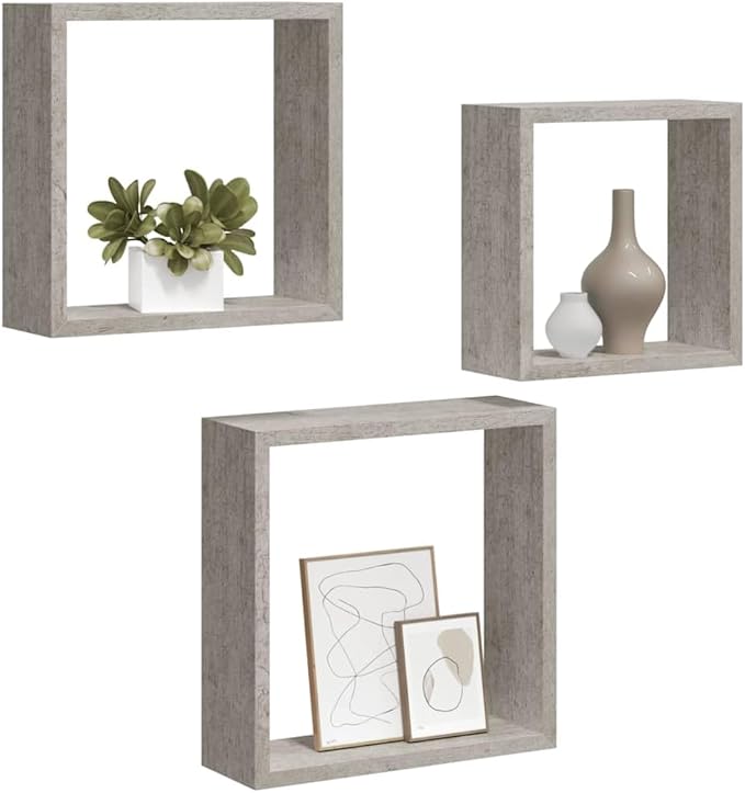 Set of 3 Wall Cube Shelves, Decorative Floating Display Shelf for Living Room, Bedroom or Office, Modern Concrete Gray MDF Storage Organizer
