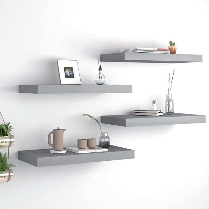 Floating Wall Shelves 4 pcs Gray 19.7x9.1x1.5 Invisible Mounting Display Rack for Living Room Bedroom Office Decor Honeycomb MDF Metal Frame