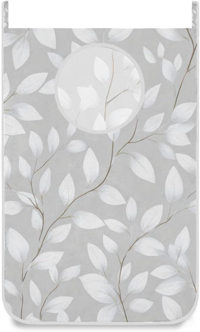 Grey Simple Leaves Hanging Laundry Hamper Door Hampers Bag Basket with Stainless Steel Hooks Oxford Fabric Printing Decorative Clothes Bags 29.5X20inch 2Pack