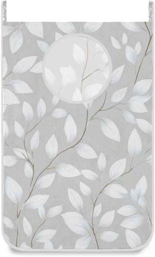 Grey Simple Leaves Hanging Laundry Hamper Door Hampers Bag Basket with Stainless Steel Hooks Oxford Fabric Printing Decorative Clothes Bags 29.5X20inch 2Pack