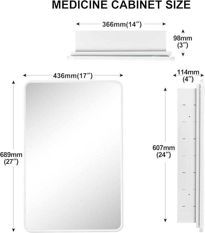 White Bathroom Medicine Cabinet with Mirror 17 x 27 Metal Frame Recessed Or Wall Mounted Single Door Storage Medicine Cabinets with Adjustable Shelves Rounded Corner Beveled Mirrors