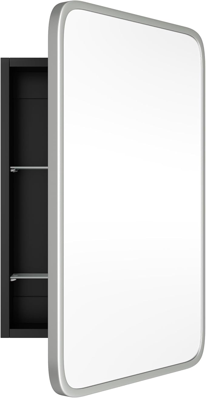 AGDULL Vintage-Style Bathroom Wood Black Cabinet with 16.5''x24'' Brushed Nickel Metal Frame Curved Mirror, Recessed Medicine Cabinet, Bathroom Storage Cabinet