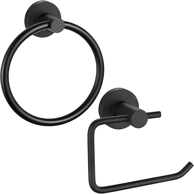 Towel Ring and Toilet Paper Holder Set, Stainless Steel Bath Towel Hanger and Tissue Roll Holders, Bathroom Hardware Accessories Wall Mounted 2 Pieces (Matte Black)