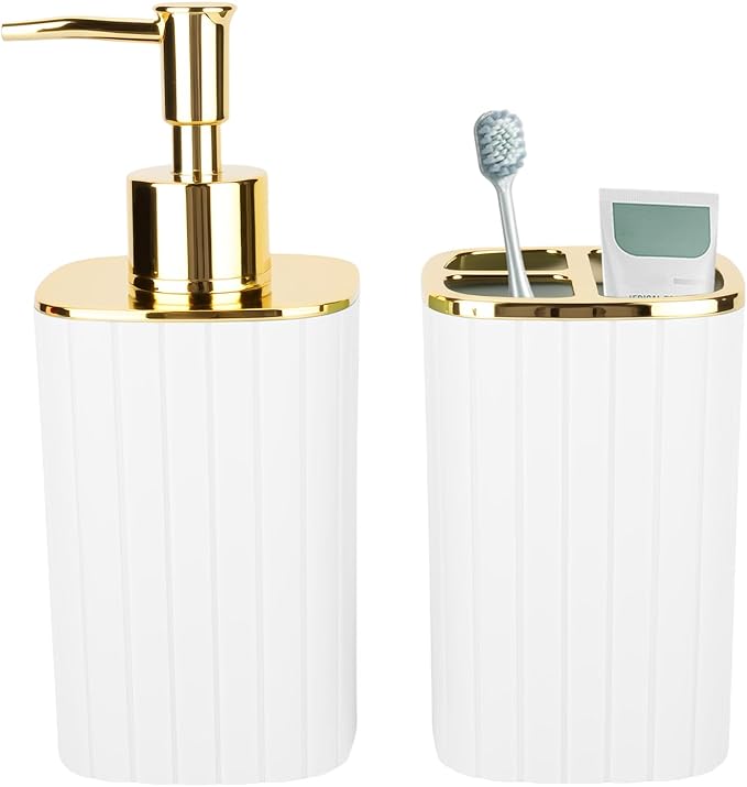 2PCS Bathroom Accessories Set, White and Gold Bathroom Accessories Include Soap Dispenser and Toothbrush Holder for Boho Bathroom Decor