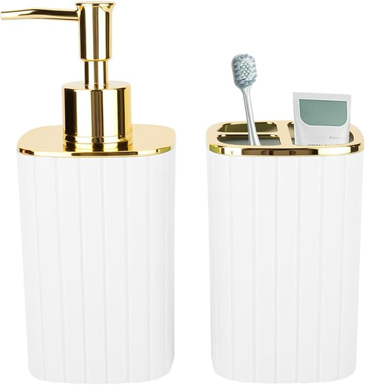 2PCS Bathroom Accessories Set, White and Gold Bathroom Accessories Include Soap Dispenser and Toothbrush Holder for Boho Bathroom Decor