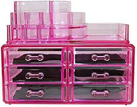 Pink Acrylic Cosmetics Makeup Jewelry Organizer 6 Drawers with 8 Compartments Top Section ( idea for Christmas, birthday gift)