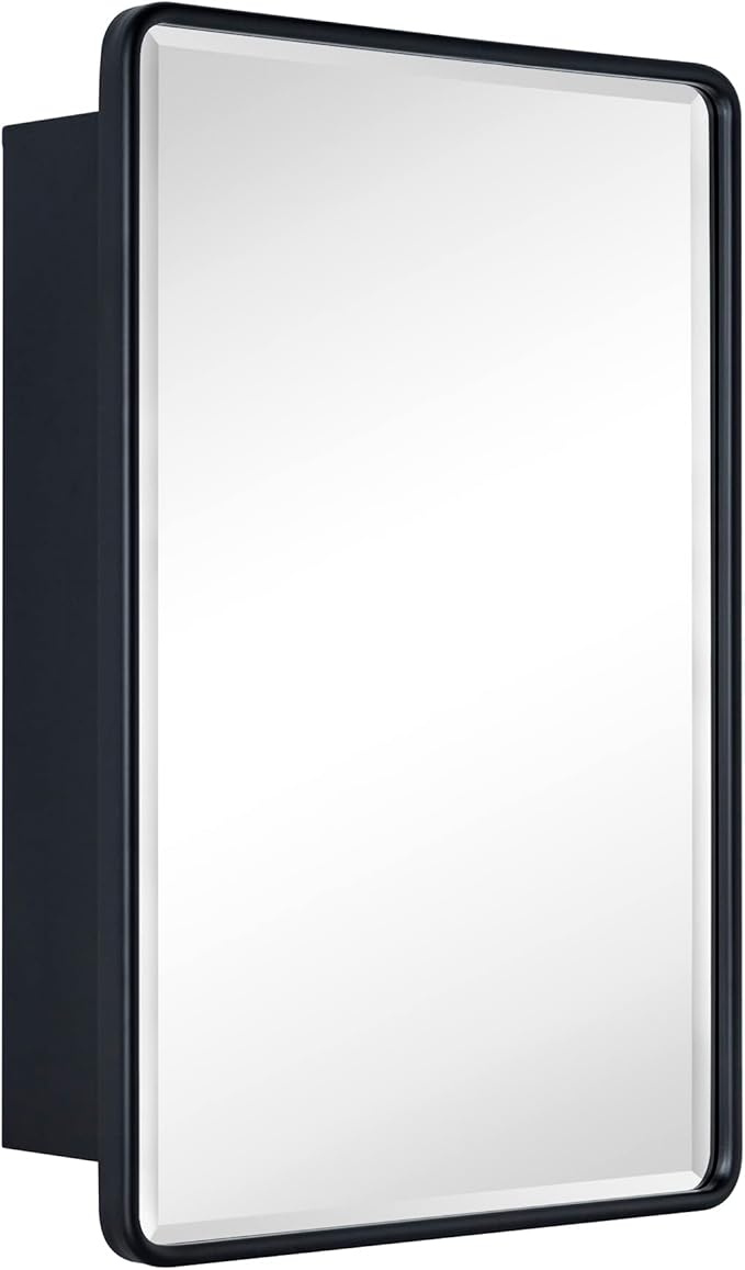TEHOME Surface Mount 16x24 Black Bathroom Medicine Cabinet with Mirror Matt Black Metal Framed Rounded Rectangle Medicine Cabinet with Beveled Mirror