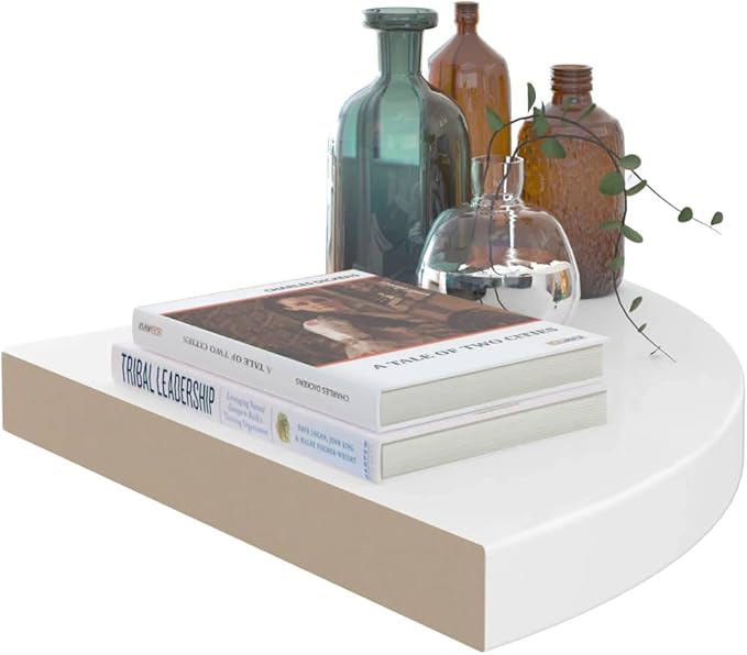 Floating Corner Shelf 13.8x13.8 Inch High Gloss White Wall Mounted Storage - Honeycomb MDF & Metal Structure with Invisible Mounting System for Bathroom Living Room Bedroom Home Decor