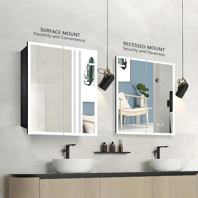 LED Medicine Cabinet with Light,Recessed Mirror Cabinet for Bathroom,3 Color Temperature,Dimmable,Demister,Detachable Side Plate for Recess Mount or Surface Mount,24inch×28inch