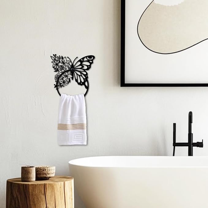 MAYJOYDIY Butterfly Metal Towel Ring Round Flower Hand Towel Holder Ring Hanger Wall Mount Black Vintage Towels Wall Organizer for Kitchen Bath Home Laundry Room Decors Gifts