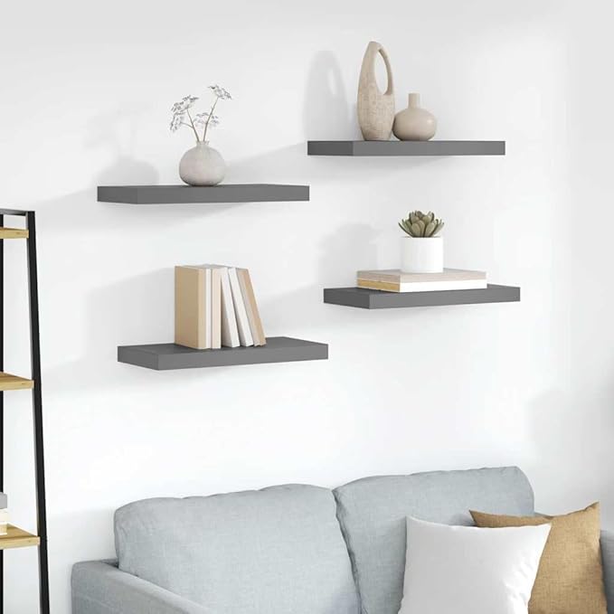 Floating Wall Shelves Set of 4, Modern High Gloss Gray Display Shelves with Invisible Mounting, 19.7x9.1 Inches MDF Board for Living Room Bedroom Office Decor, Holds 15.4 lbs Each
