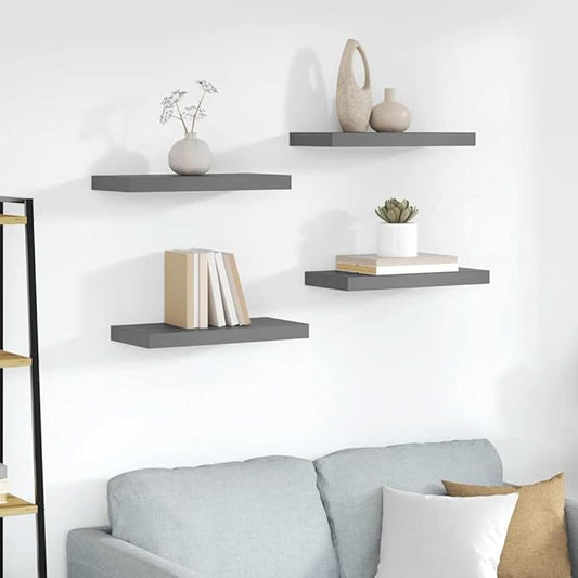 Floating Wall Shelves Set of 4, Modern High Gloss Gray Display Shelves with Invisible Mounting, 19.7x9.1 Inches MDF Board for Living Room Bedroom Office Decor, Holds 15.4 lbs Each