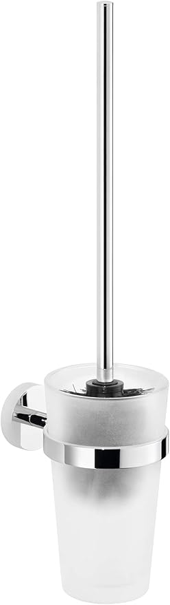 tesa EXXCELLENT Toilet Brush Holder - Wall-Mounted, Stainless-Steel Toilet Brush with Bowl in Frosted-Glass Design - Waterproof, incl. Power.Kit Adhesive Solution - 445mm x 94mm x 136mm
