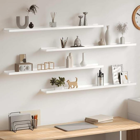 Set of 4 Wall Mounted Floating Shelves, 39.4 Inch Modern MDF Shelving Unit, High Gloss White Decorative Display Ledge for Living Room, Bedroom and Office