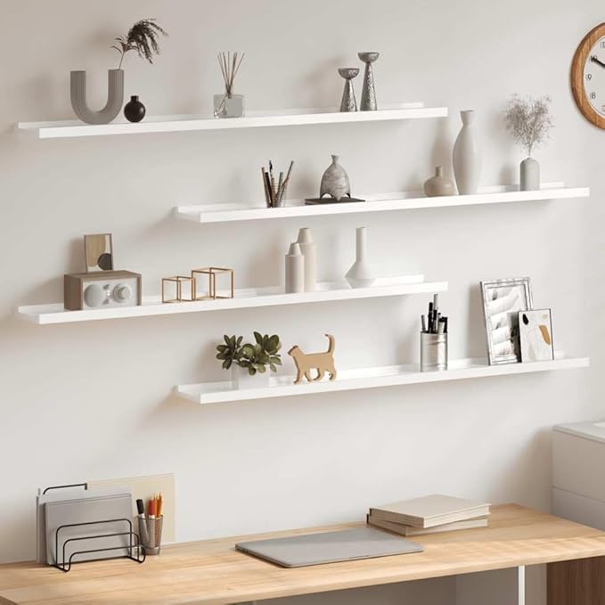 Wall Shelf Set of 4, Floating Shelves for Wall Storage, Modern High Gloss White MDF Display Ledges for Living Room Bedroom, 39.4 inch Long