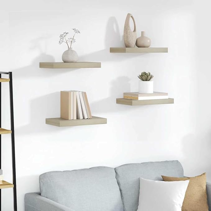 Set of 4 Floating Wall Shelves, Oak Finish Rectangular Display Ledge for Bedroom, Living Room, Modern Wall Mounted Storage Shelving Unit