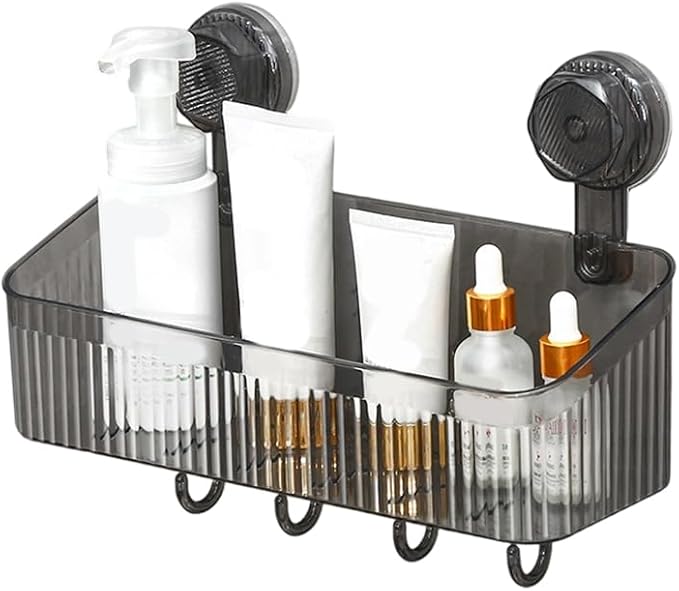 No-Drill Bathroom Suction Storage Box, 2026 Upgraded Suction Cup Wall Shelf, Portable Wall Mounted Bathroom Organizer for Shower, Durable Removable Storage Basket for Home (Grey, Medium)