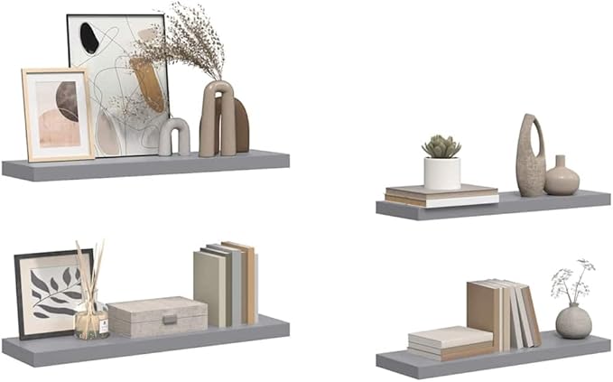 Set of 4 Floating Wall Shelves, 31.5-inch Modern Rectangular Display Ledge for Bedroom, Living Room and Office, Durable MDF Storage Organizers, Matte Grey