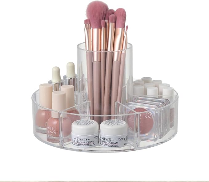 360° Rotating Makeup Organizer, Makeup Brush Holder, Lazy Susan Turntable Storage Tray with 6 Compartment as Cosmetic Display Case, Perfume Organizer and Bathroom Counter Organizer, Clear