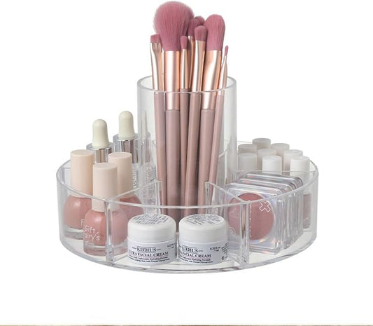360° Rotating Makeup Organizer, Makeup Brush Holder, Lazy Susan Turntable Storage Tray with 6 Compartment as Cosmetic Display Case, Perfume Organizer and Bathroom Counter Organizer, Clear