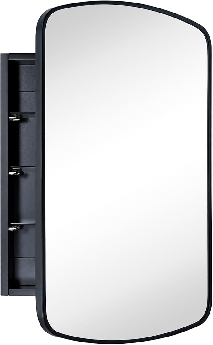 Black Arched Recessed and Surface Mount Bathroom Medicine Cabinet with Mirror Metal Framed Rectangular Bathroom Cabinet with 3 Tempered Glass Adjustable Shelves 18x27''