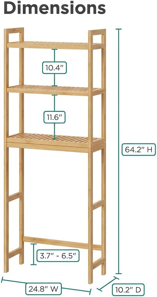 Over the Toilet Storage, 3-Tier Bamboo Bathroom Organizer with Adjustable Shelf, Space-Saving Rack, 66.9" Tall (Natural Color)