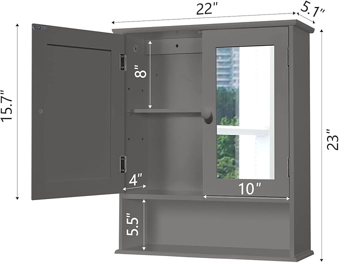 TaoHFE Grey Medicine Cabinet with Mirror, 2 Doors & 3 Open Shelves - Wall Mounted Wooden Storage Cabinet for Bathroom, Laundry or Kitchen