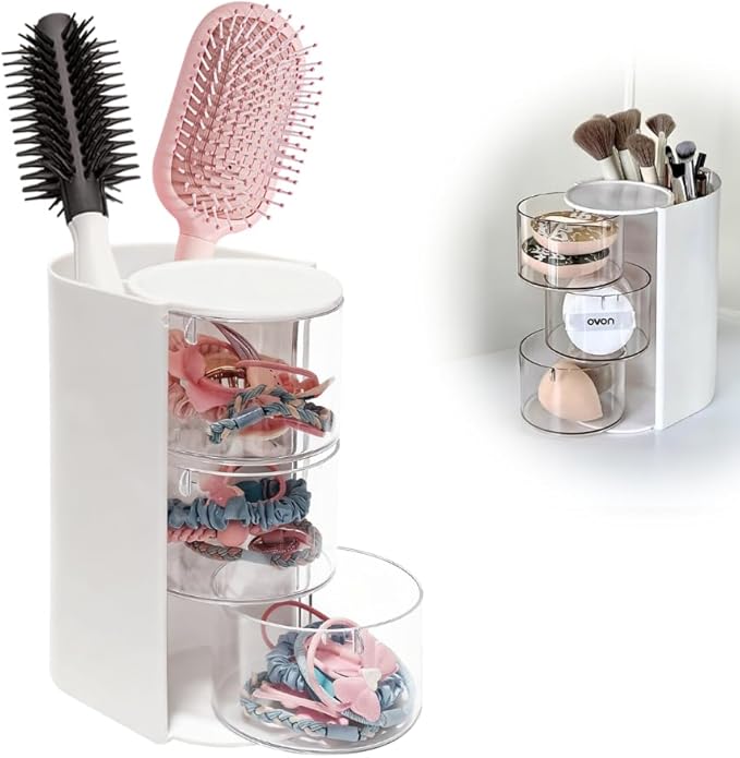 Hair Accessory Organizer, Hair Brush Organizer, 3-Tier Clear Hair Accessories Organizer Rotatable, Perfect for Hair Ties Clips and Small Bows Clip Earring Necklaces, A Girl The Latest Gift white