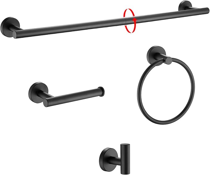 Bathroom Towel Holder Set, 4-Piece Towel Bar Set 24 Inch Matte Black Wall Mounted Bathroom Hardware Accessories Set, Adjustable Stainless Steel Round