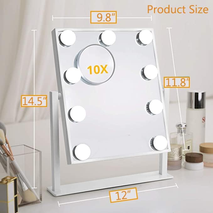 IMEASY Vanity Mirror with Lights，Hollywood Lighted Makeup Mirror with 3 Color Modes and 9 Dimmable Diamond LED Light Bulbs Detachable 10X Magnification 360° Rotation Touch Control