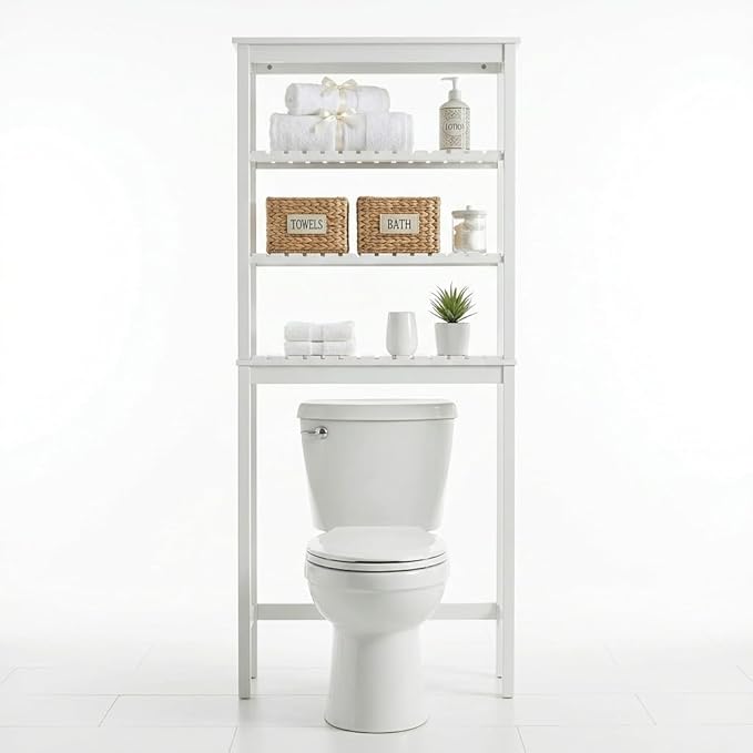 Over the Toilet Storage, 3-Tier Bamboo Bathroom Organizer with Adjustable Shelf, Space-Saving Rack, 66.9" Tall (White)