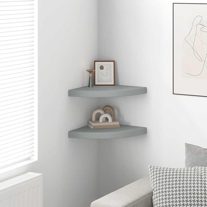 Floating Corner Shelves Set of 2, Gray Wall Mounted Corner for Living Room Bedroom, 13.8x13.8x1.5 Inch Modern Display Shelves with Invisible Mounting, Honeycomb MDF and Metal, Holds 11 lbs Each